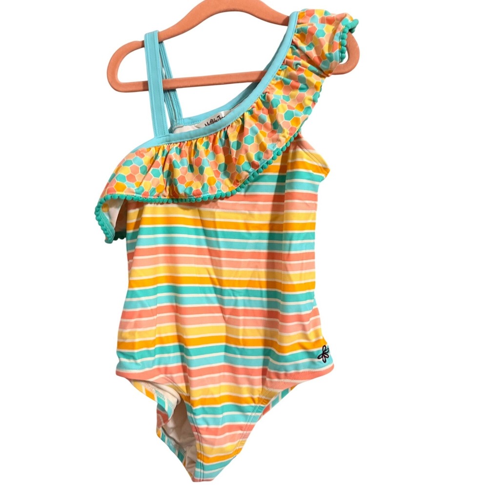Matilda Jane One Piece‎ Swimsuit Girls 10 Multicolor Striped Ruffle Honeycomb